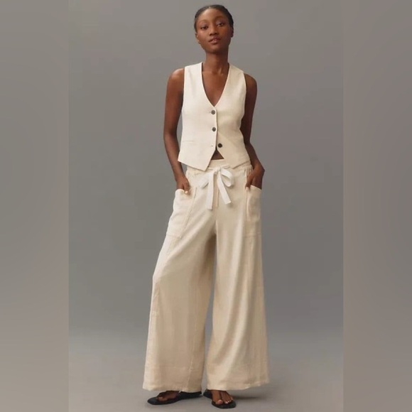 NWT! Anthropologie Maeve Cream Linen Blend Pull-On Wide-Leg...